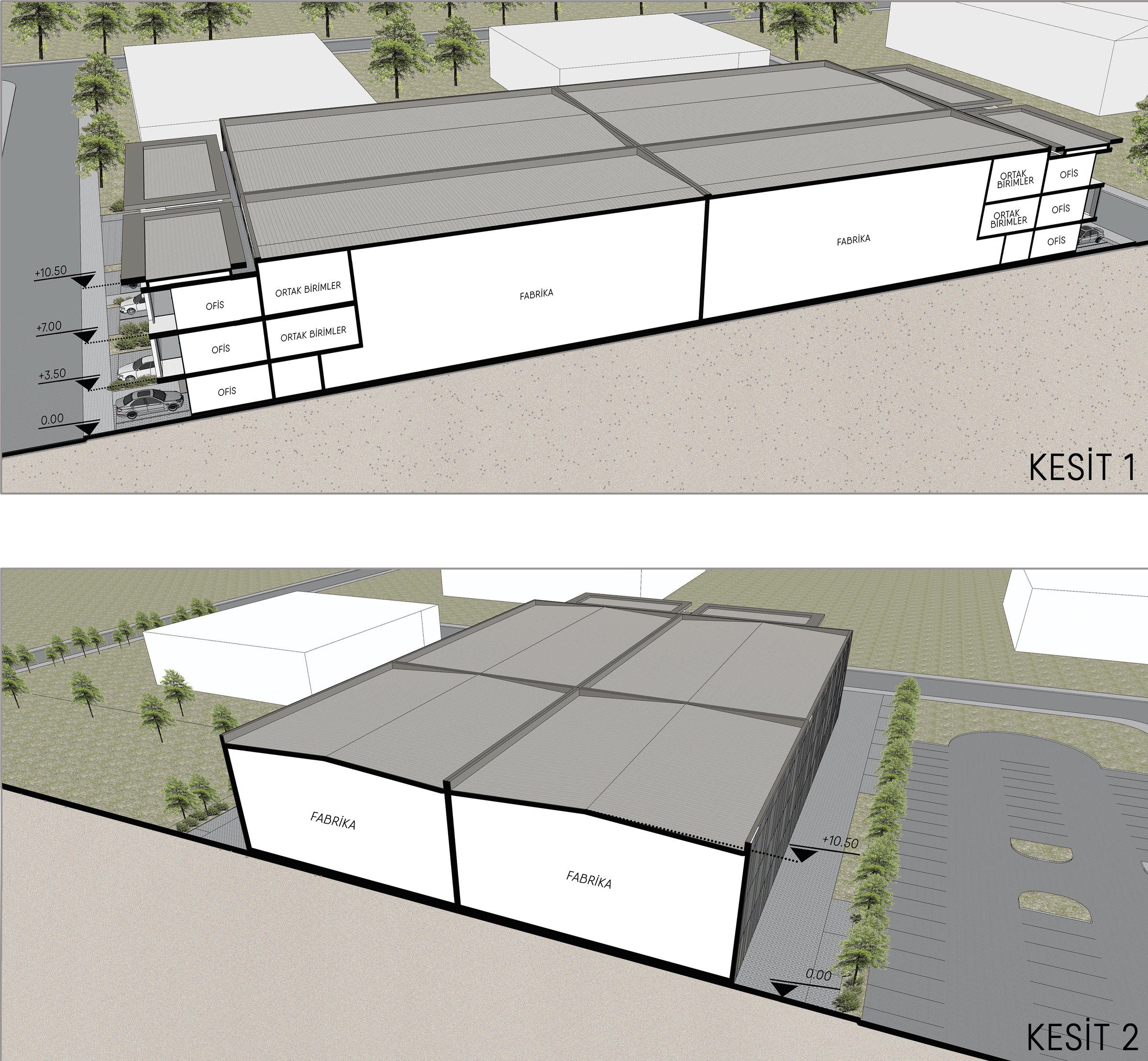 Karatay Sanayi Tesisi Arsası Fabrika birimleri Kesitler kat planı