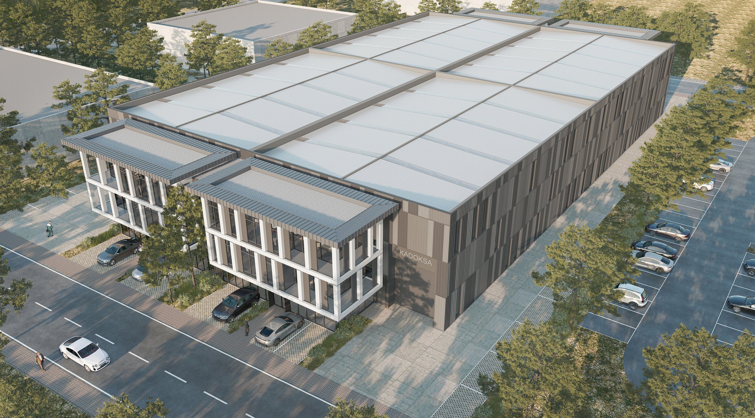 Dört fabrika birimi ve otopark, havadan