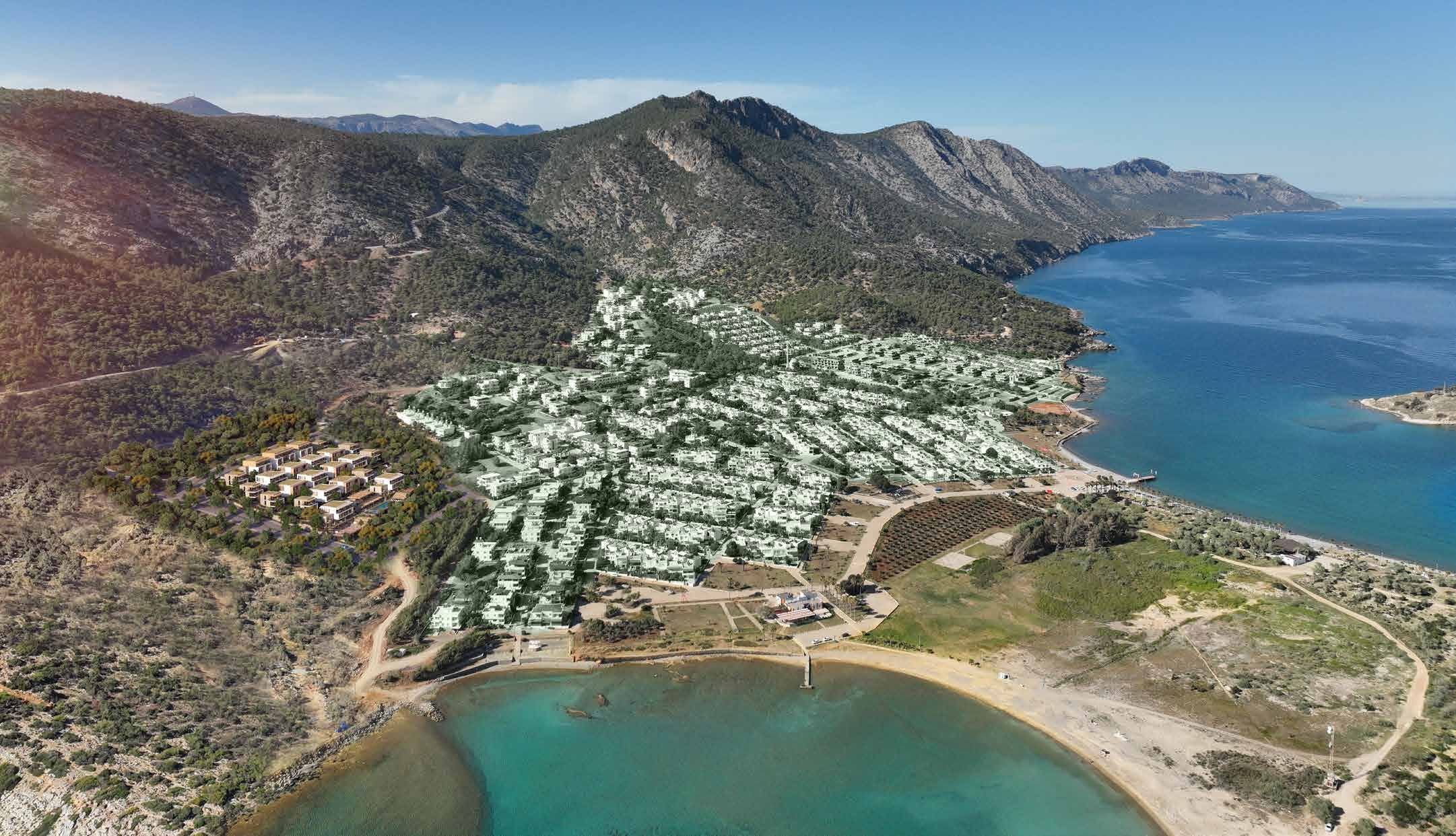 Koy ve çevresinin havadan görünümü, proje yerleşimi işaretli
